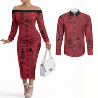 Papua New Guinea Heritage Motif Couples Matching Off The Shoulder Long Sleeve Dress and Long Sleeve Button Shirt Red Version LT05 Red - Polynesian Pride