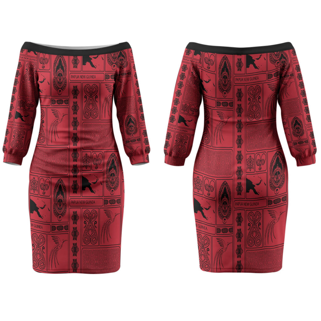 Papua New Guinea Heritage Motif Couples Matching Off The Shoulder Long Sleeve Dress and Long Sleeve Button Shirt Red Version LT05 - Polynesian Pride