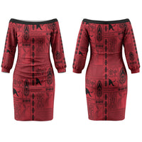 Papua New Guinea Heritage Motif Couples Matching Off The Shoulder Long Sleeve Dress and Long Sleeve Button Shirt Red Version LT05 - Polynesian Pride