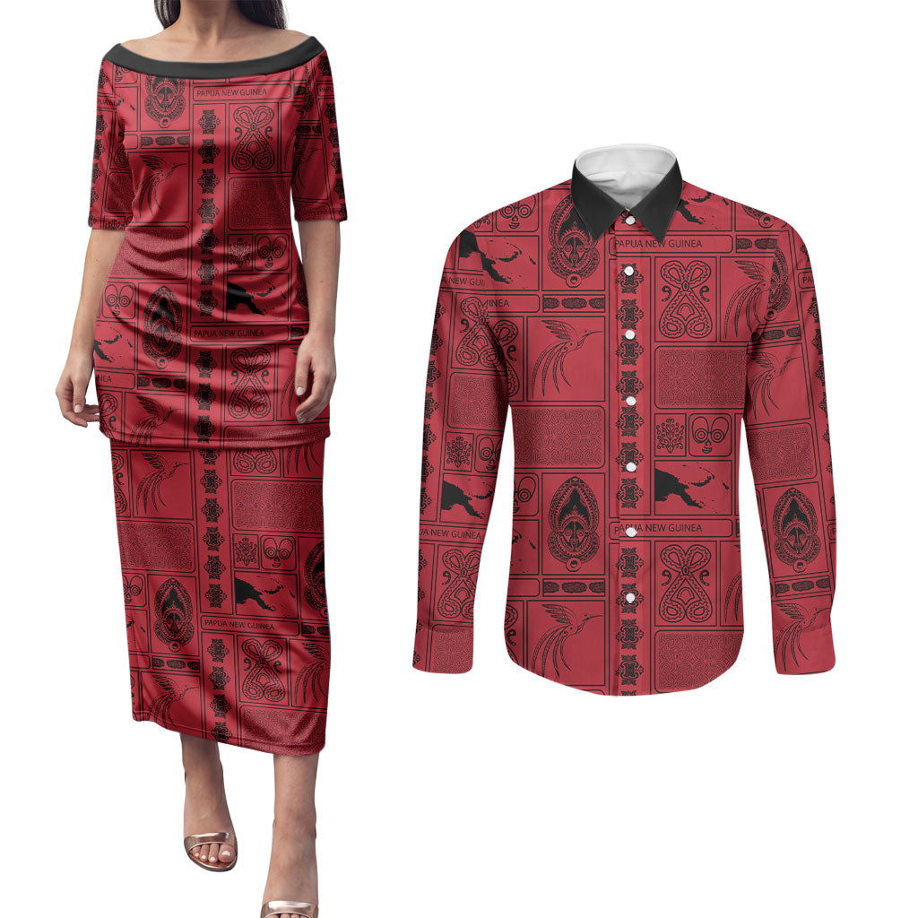 Papua New Guinea Heritage Motif Couples Matching Puletasi and Long Sleeve Button Shirt Red Version LT05 Red - Polynesian Pride