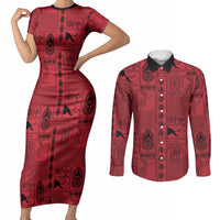Papua New Guinea Heritage Motif Couples Matching Short Sleeve Bodycon Dress and Long Sleeve Button Shirt Red Version LT05 Red - Polynesian Pride