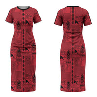 Papua New Guinea Heritage Motif Couples Matching Short Sleeve Bodycon Dress and Long Sleeve Button Shirt Red Version LT05 - Polynesian Pride