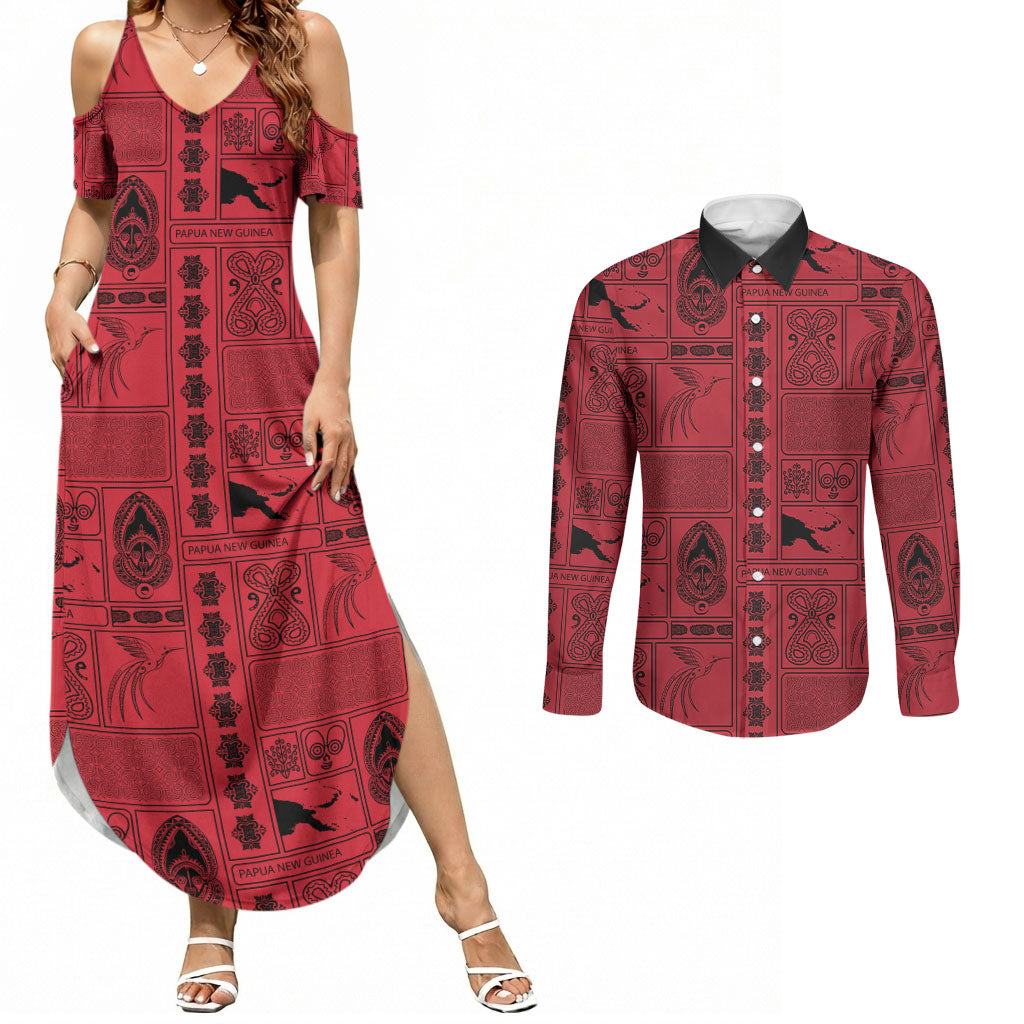 Papua New Guinea Heritage Motif Couples Matching Summer Maxi Dress and Long Sleeve Button Shirt Red Version LT05 Red - Polynesian Pride