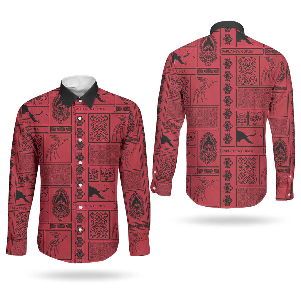 Papua New Guinea Heritage Motif Couples Matching Summer Maxi Dress and Long Sleeve Button Shirt Red Version LT05 - Polynesian Pride