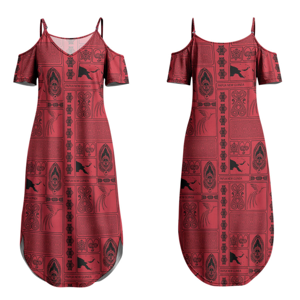 Papua New Guinea Heritage Motif Couples Matching Summer Maxi Dress and Long Sleeve Button Shirt Red Version LT05 - Polynesian Pride