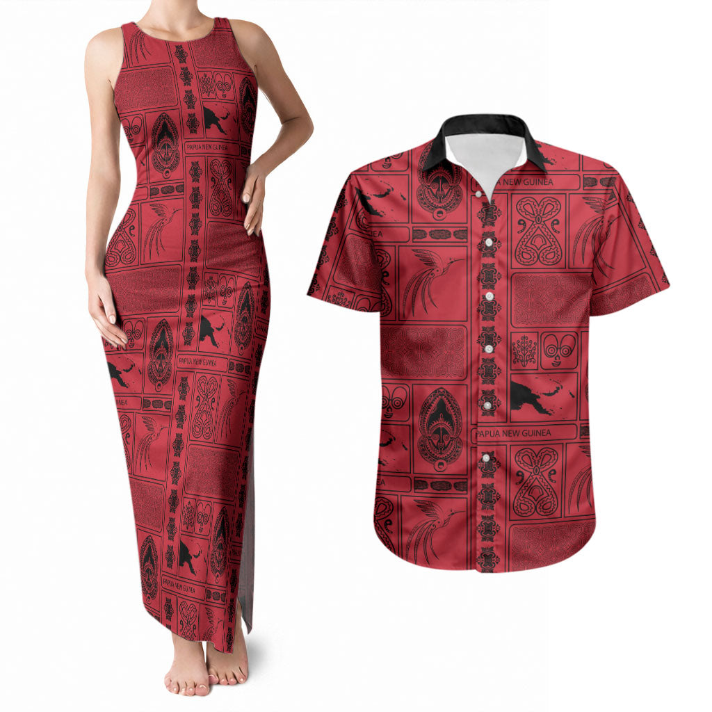 Papua New Guinea Heritage Motif Couples Matching Tank Maxi Dress and Hawaiian Shirt Red Version LT05 Red - Polynesian Pride