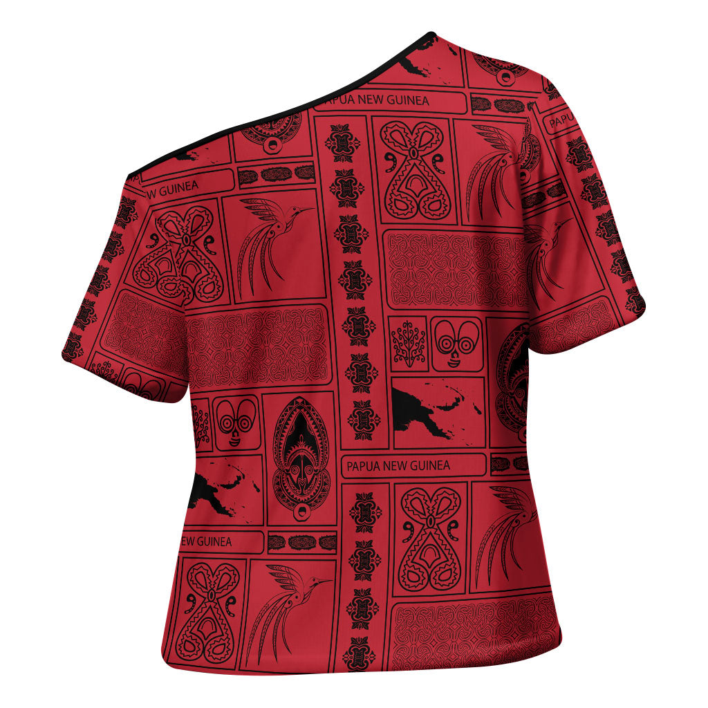 Papua New Guinea Heritage Motif Cross Shoulder Shirt Red Version LT05 - Polynesian Pride