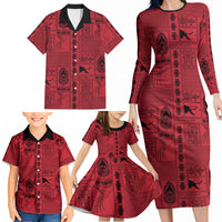 Papua New Guinea Heritage Motif Family Matching Long Sleeve Bodycon Dress and Hawaiian Shirt Red Version LT05 - Polynesian Pride