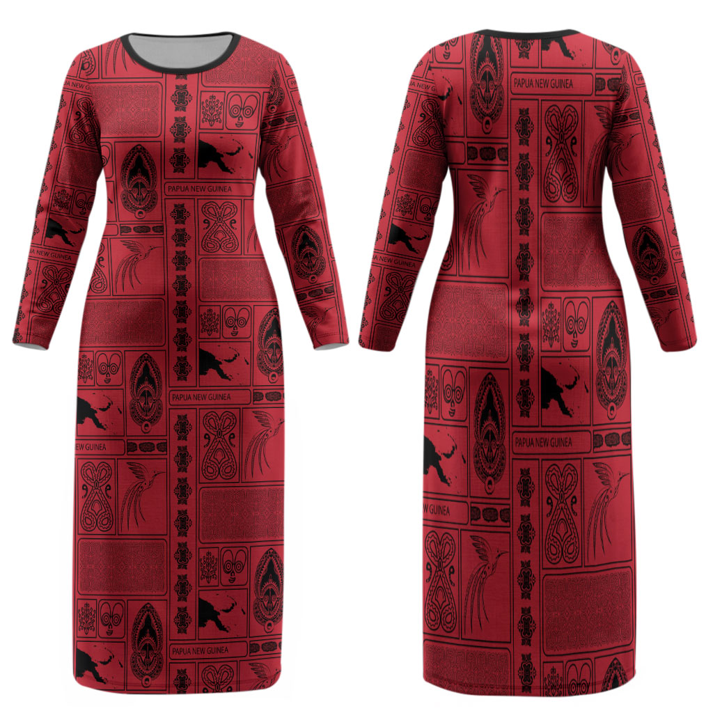 Papua New Guinea Heritage Motif Family Matching Long Sleeve Bodycon Dress and Hawaiian Shirt Red Version LT05 Mom's Dress Red - Polynesian Pride