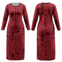 Papua New Guinea Heritage Motif Family Matching Long Sleeve Bodycon Dress and Hawaiian Shirt Red Version LT05 Mom's Dress Red - Polynesian Pride