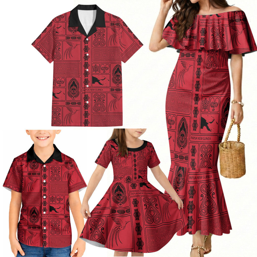 Papua New Guinea Heritage Motif Family Matching Mermaid Dress and Hawaiian Shirt Red Version LT05 - Polynesian Pride