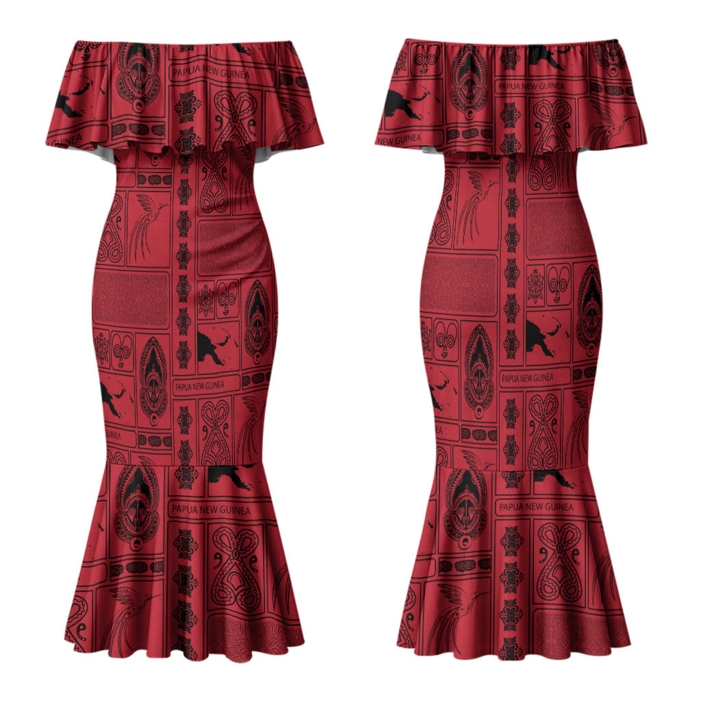 Papua New Guinea Heritage Motif Family Matching Mermaid Dress and Hawaiian Shirt Red Version LT05 Mom's Dress Red - Polynesian Pride