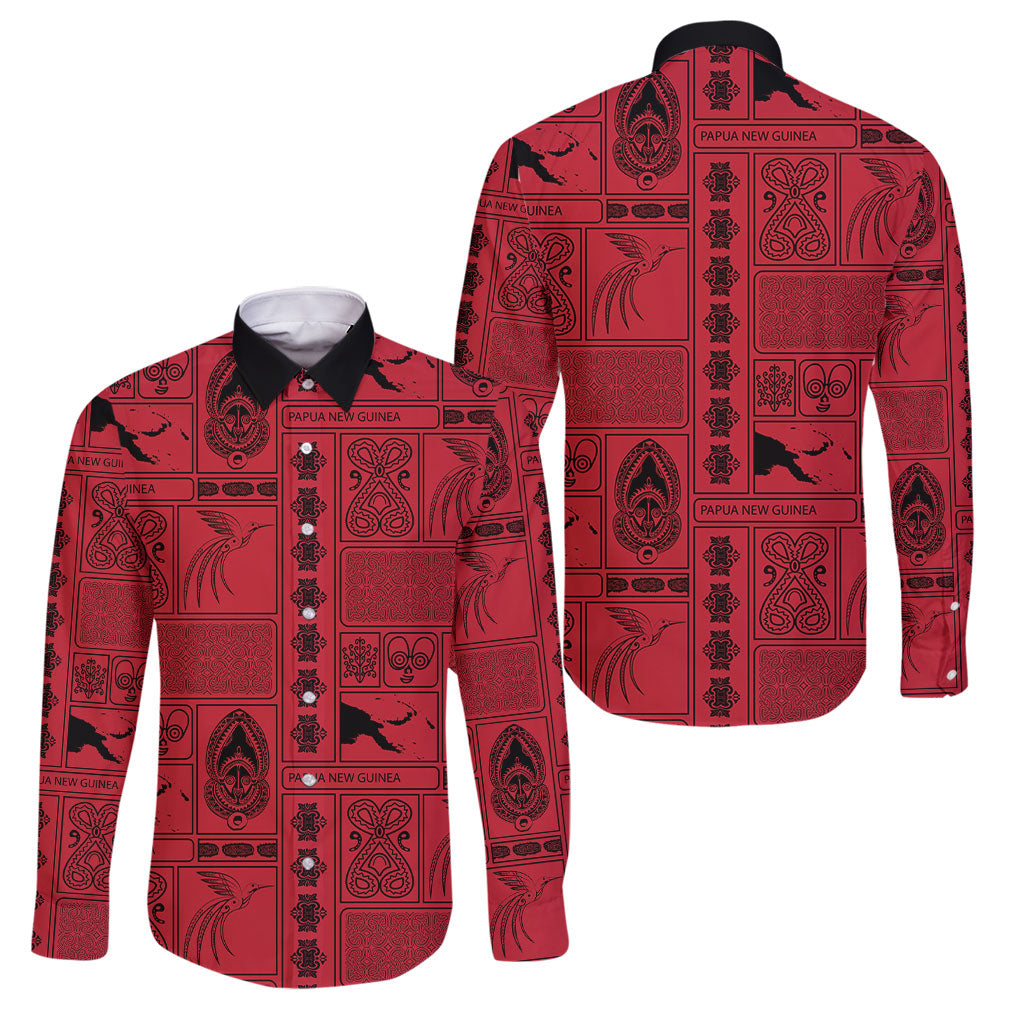 Papua New Guinea Heritage Motif Family Matching Mermaid Dress and Hawaiian Shirt Red Version LT05 Dad's Shirt - Long Sleeve Red - Polynesian Pride