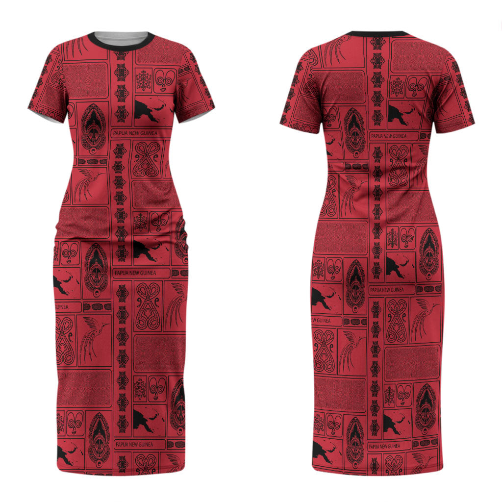 Papua New Guinea Heritage Motif Family Matching Short Sleeve Bodycon Dress and Hawaiian Shirt Red Version LT05 Mom's Dress Red - Polynesian Pride