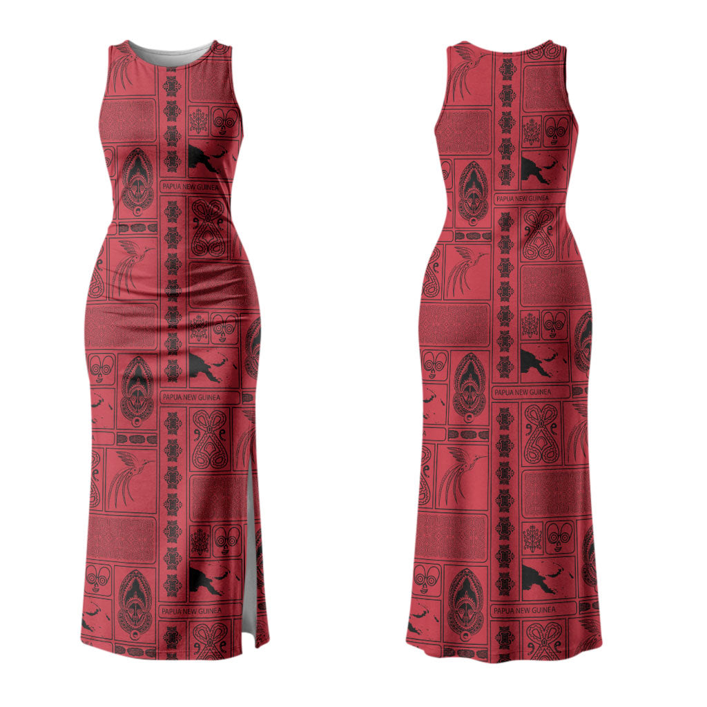 Papua New Guinea Heritage Motif Family Matching Tank Maxi Dress and Hawaiian Shirt Red Version LT05 Mom's Dress Red - Polynesian Pride