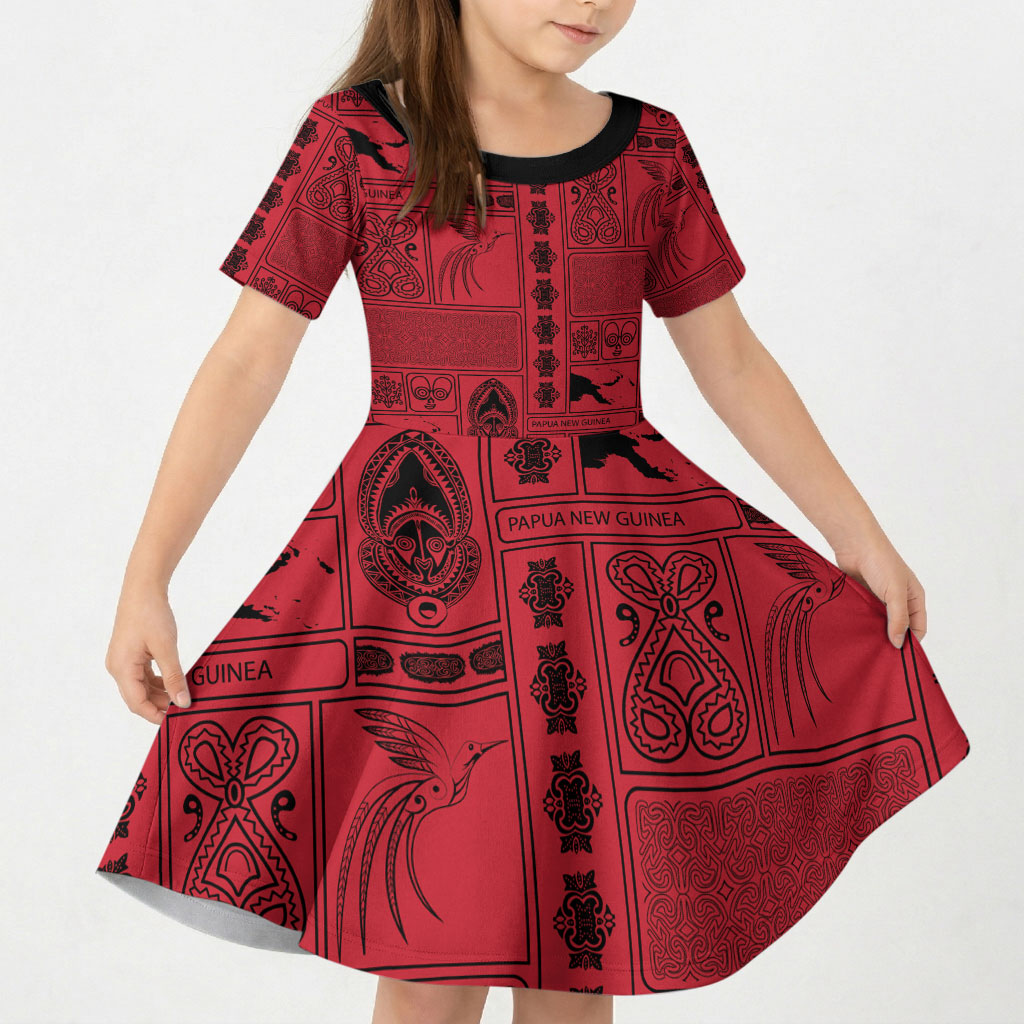 Papua New Guinea Heritage Motif Kid Short Sleeve Dress Red Version LT05 KID Red - Polynesian Pride