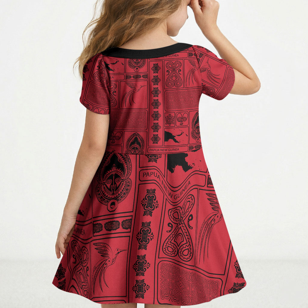 Papua New Guinea Heritage Motif Kid Short Sleeve Dress Red Version LT05 - Polynesian Pride