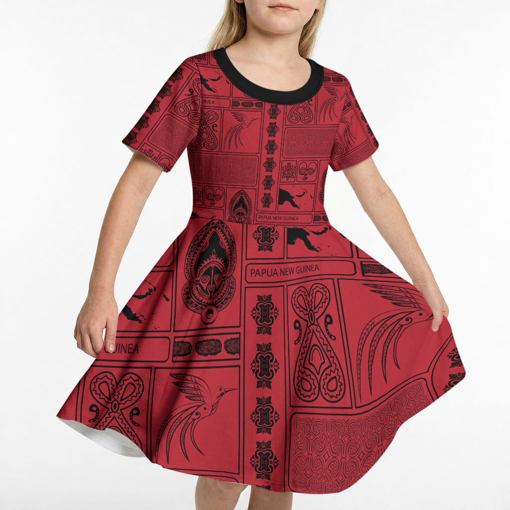 Papua New Guinea Heritage Motif Kid Short Sleeve Dress Red Version LT05 - Polynesian Pride