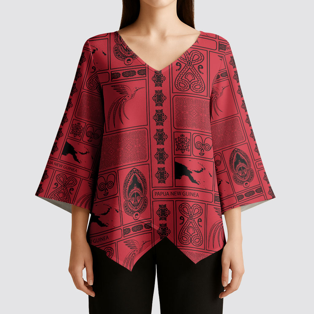 Papua New Guinea Heritage Motif Kimono Sleeve Blouse Red Version LT05 - Polynesian Pride
