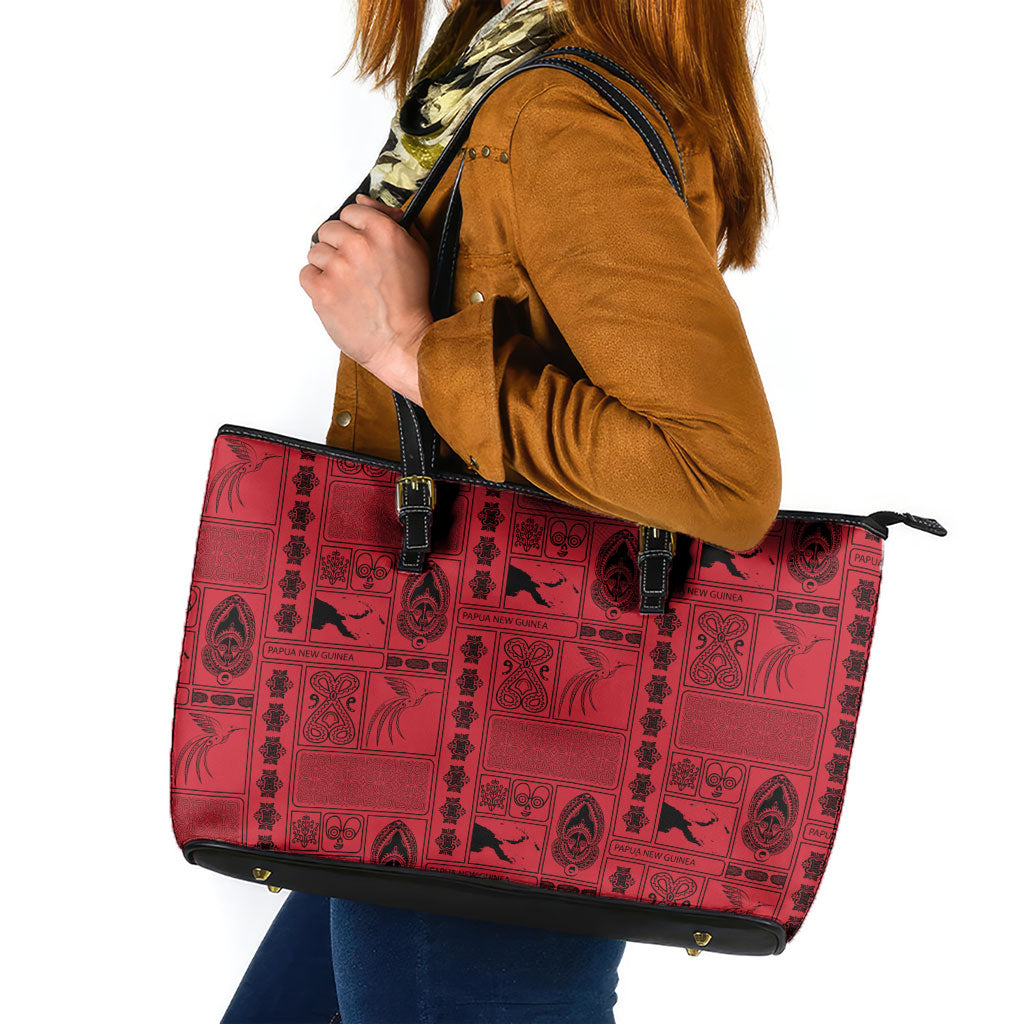 Papua New Guinea Heritage Motif Leather Tote Bag Red Version LT05 Red - Polynesian Pride