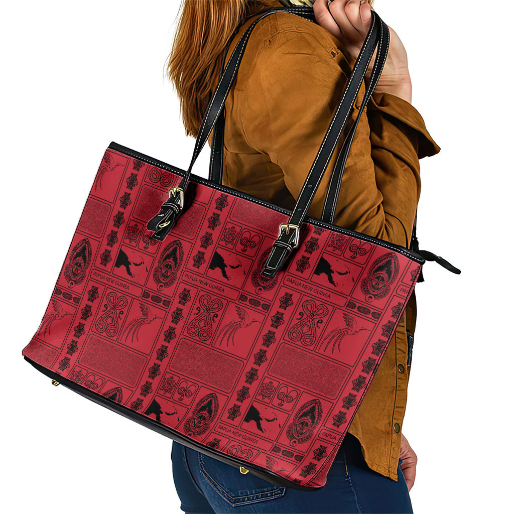 Papua New Guinea Heritage Motif Leather Tote Bag Red Version LT05 - Polynesian Pride