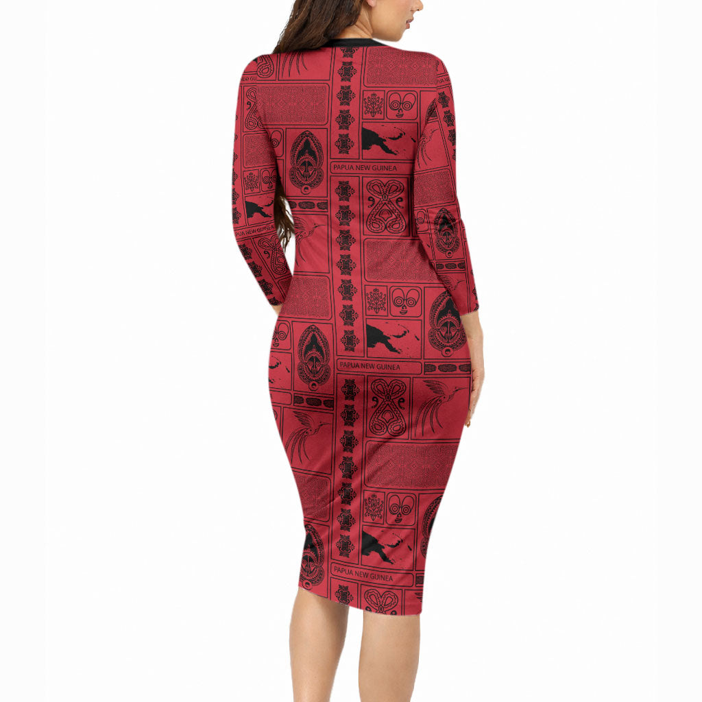 Papua New Guinea Heritage Motif Long Sleeve Bodycon Dress Red Version LT05 - Polynesian Pride