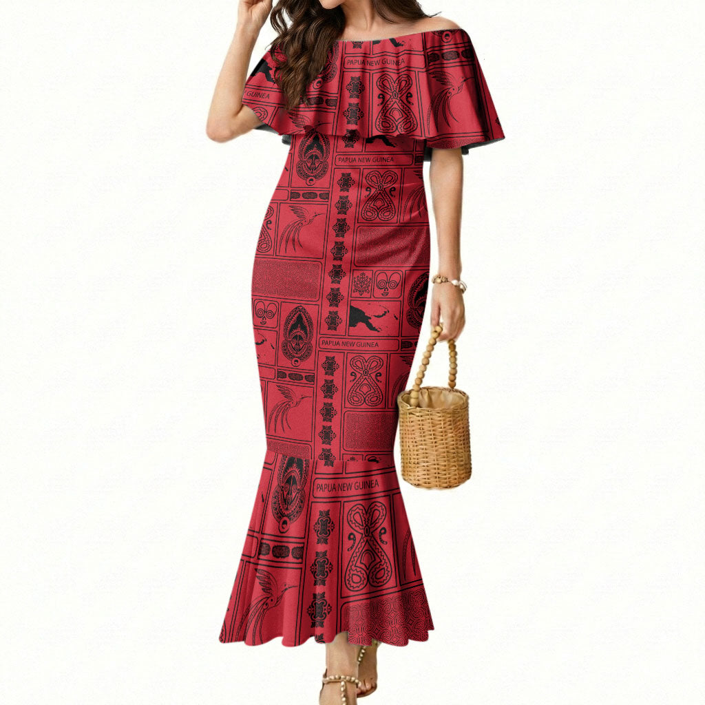 Papua New Guinea Heritage Motif Mermaid Dress Red Version LT05 Women Red - Polynesian Pride