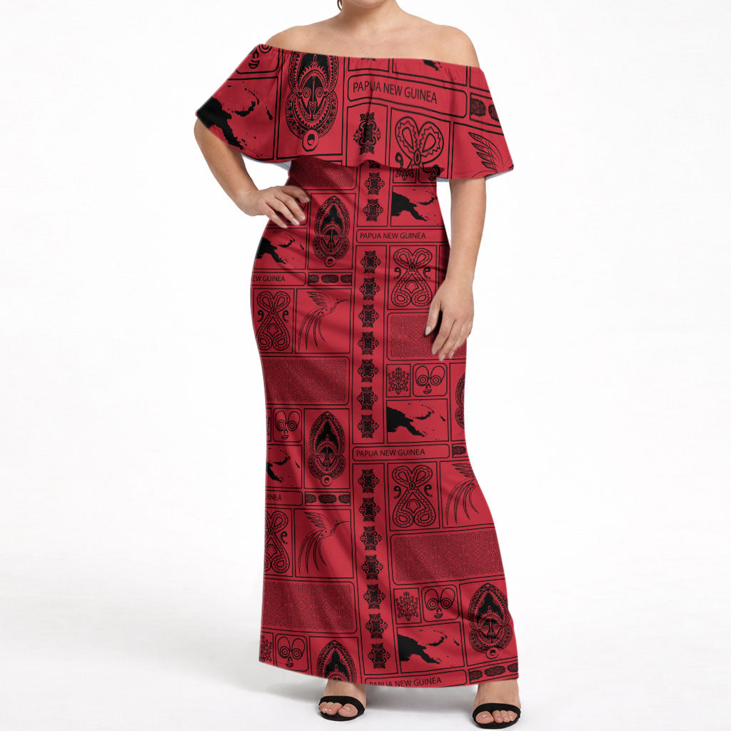 Papua New Guinea Heritage Motif Off Shoulder Maxi Dress Red Version LT05 Women Red - Polynesian Pride