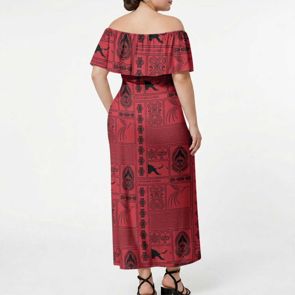 Papua New Guinea Heritage Motif Off Shoulder Maxi Dress Red Version LT05 - Polynesian Pride