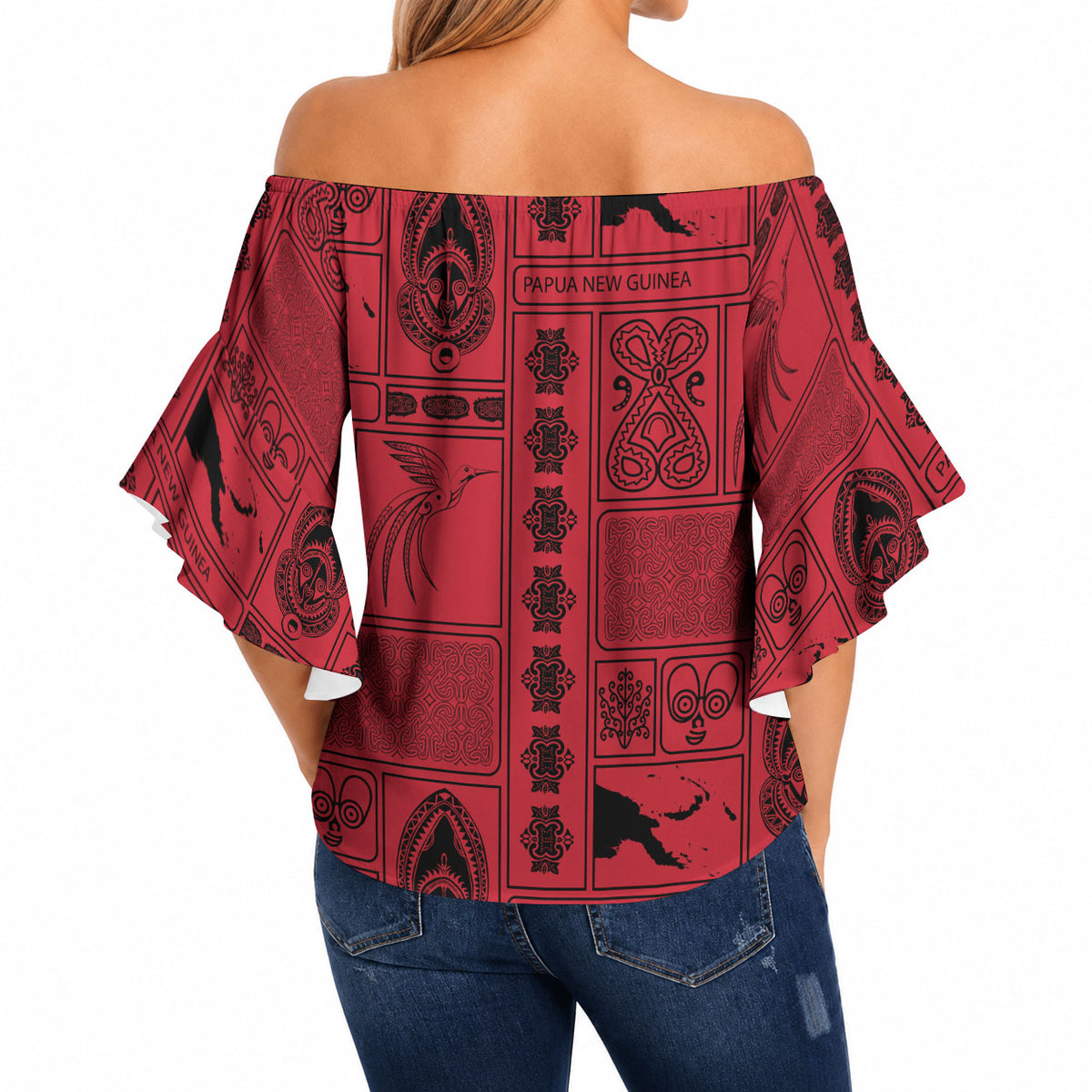 Papua New Guinea Heritage Motif Off Shoulder Wrap Waist Top Red Version LT05 - Polynesian Pride