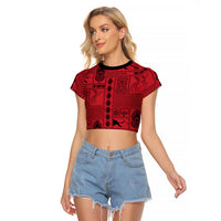 Papua New Guinea Heritage Motif Raglan Cropped T Shirt Red Version LT05 Female Red - Polynesian Pride