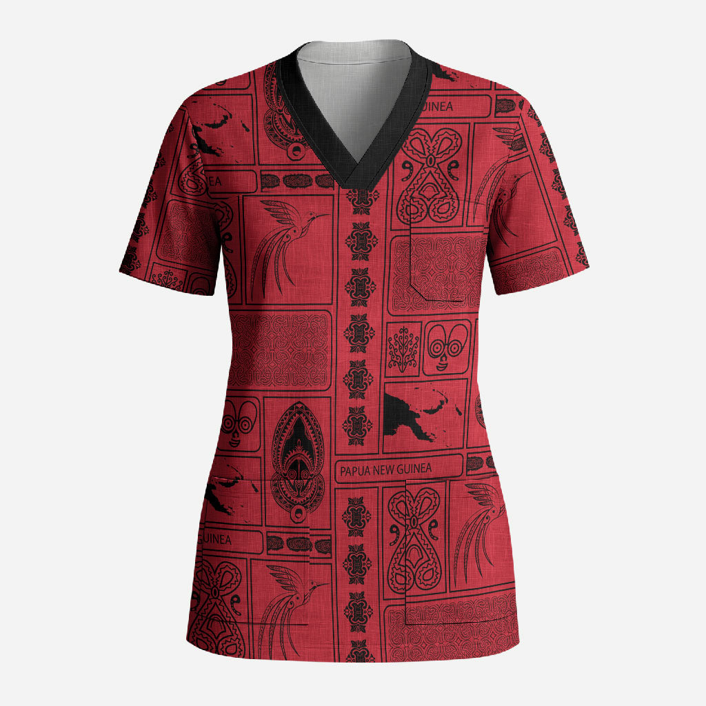 Papua New Guinea Heritage Motif Scrub Top Red Version