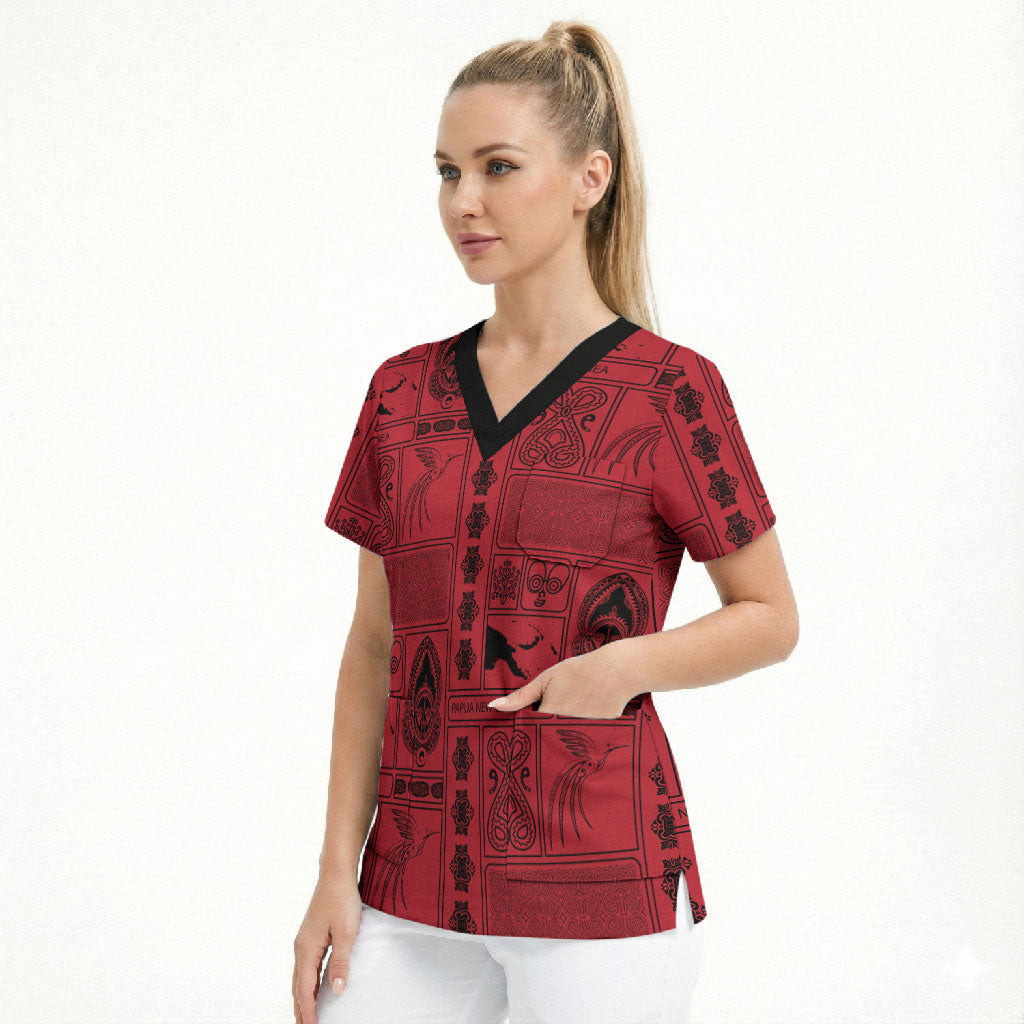 Papua New Guinea Heritage Motif Scrub Top Red Version LT05 - Polynesian Pride