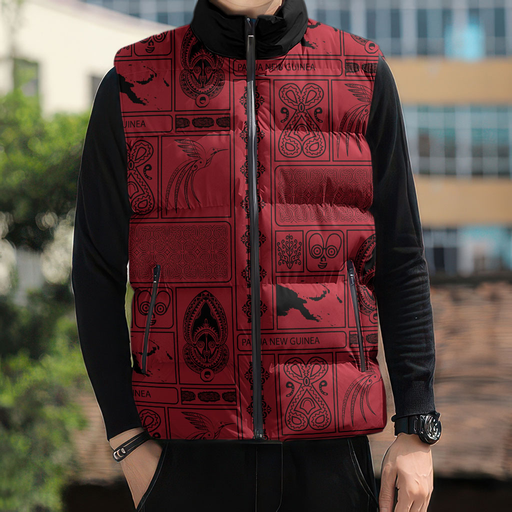 Papua New Guinea Heritage Motif Sleeveless Puffer Jacket Red Version LT05 - Polynesian Pride