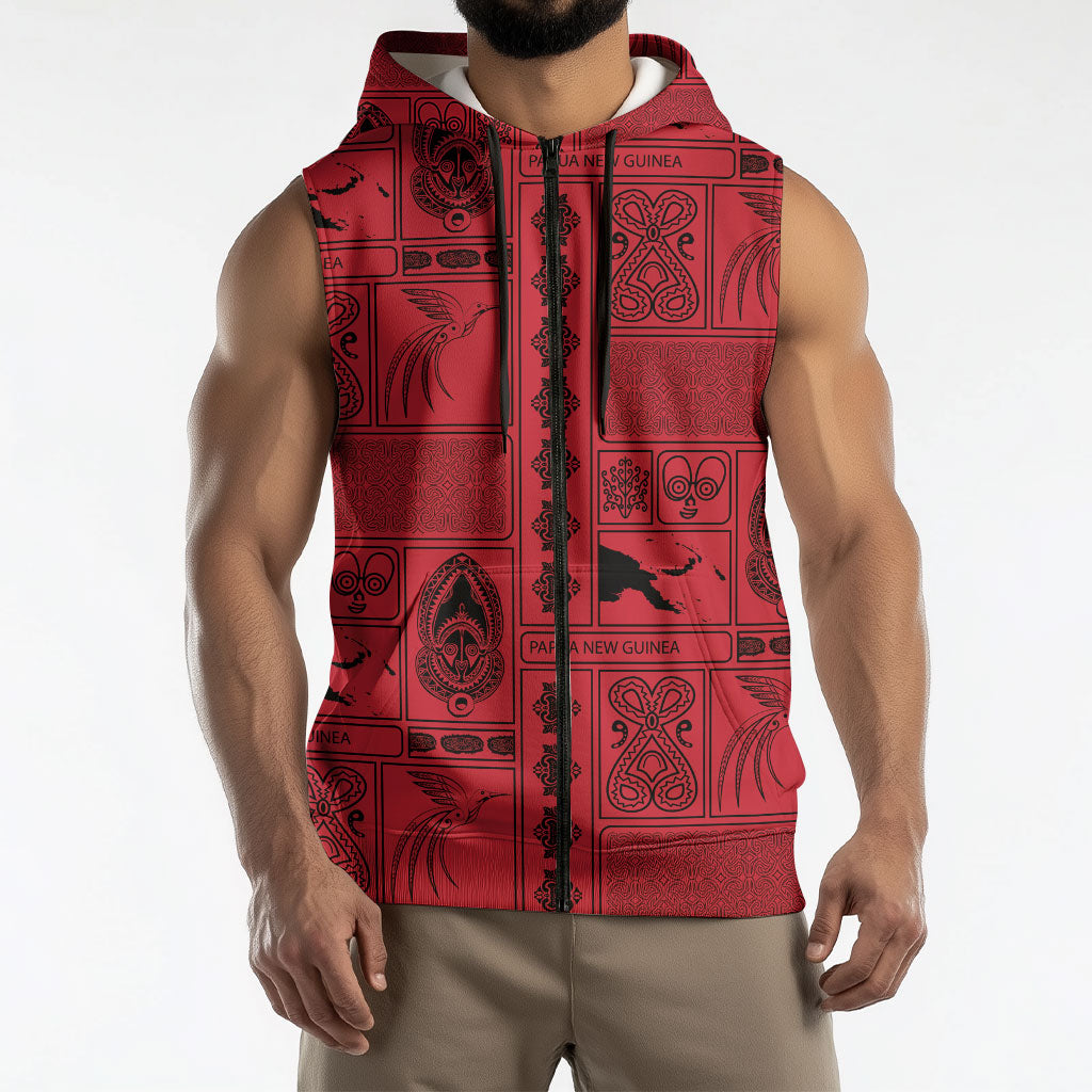 Papua New Guinea Heritage Motif Sleeveless Zip Hoodie Red Version LT05 - Polynesian Pride