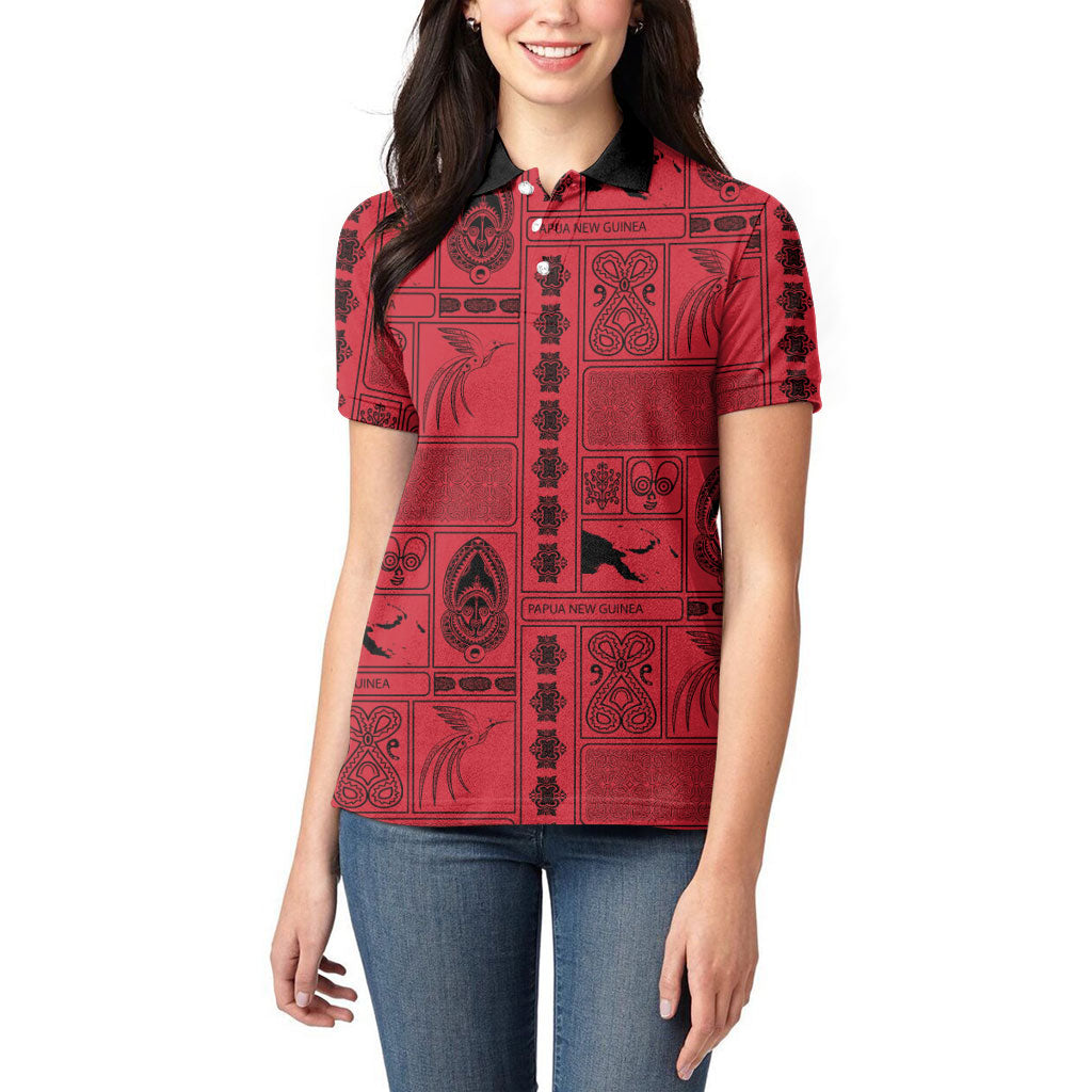 Papua New Guinea Heritage Motif Women Polo Shirt Red Version LT05 - Polynesian Pride