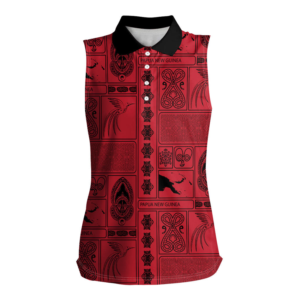 Papua New Guinea Heritage Motif Women Sleeveless Polo Shirt Red Version LT05 Female Red - Polynesian Pride