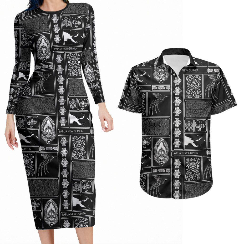 Papua New Guinea Heritage Motif Couples Matching Long Sleeve Bodycon Dress and Hawaiian Shirt Black Version LT05 Black - Polynesian Pride