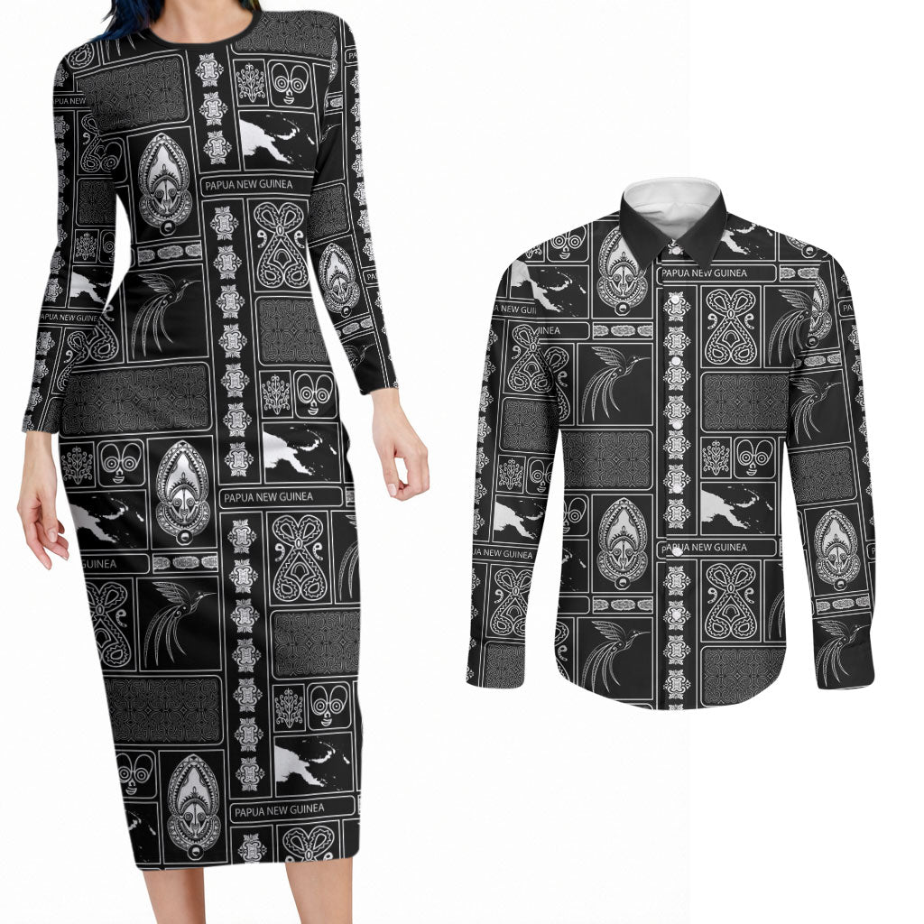 Papua New Guinea Heritage Motif Couples Matching Long Sleeve Bodycon Dress and Long Sleeve Button Shirt Black Version LT05 Black - Polynesian Pride