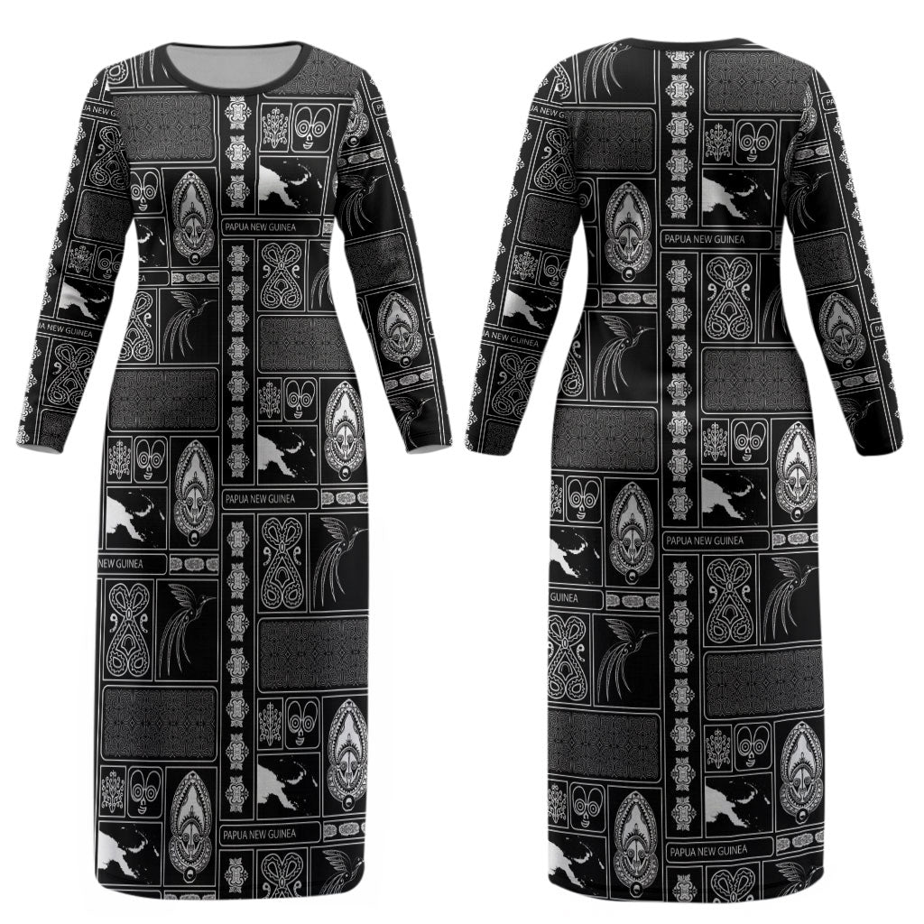 Papua New Guinea Heritage Motif Couples Matching Long Sleeve Bodycon Dress and Long Sleeve Button Shirt Black Version LT05 - Polynesian Pride