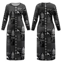 Papua New Guinea Heritage Motif Couples Matching Long Sleeve Bodycon Dress and Long Sleeve Button Shirt Black Version LT05 - Polynesian Pride