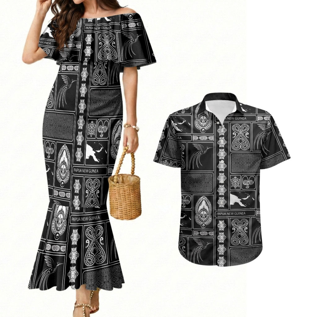 Papua New Guinea Heritage Motif Couples Matching Mermaid Dress and Hawaiian Shirt Black Version LT05 Black - Polynesian Pride
