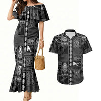 Papua New Guinea Heritage Motif Couples Matching Mermaid Dress and Hawaiian Shirt Black Version LT05 Black - Polynesian Pride