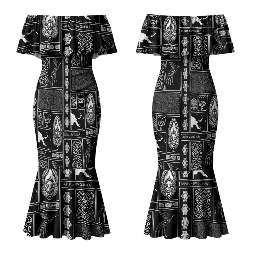 Papua New Guinea Heritage Motif Couples Matching Mermaid Dress and Hawaiian Shirt Black Version LT05 - Polynesian Pride