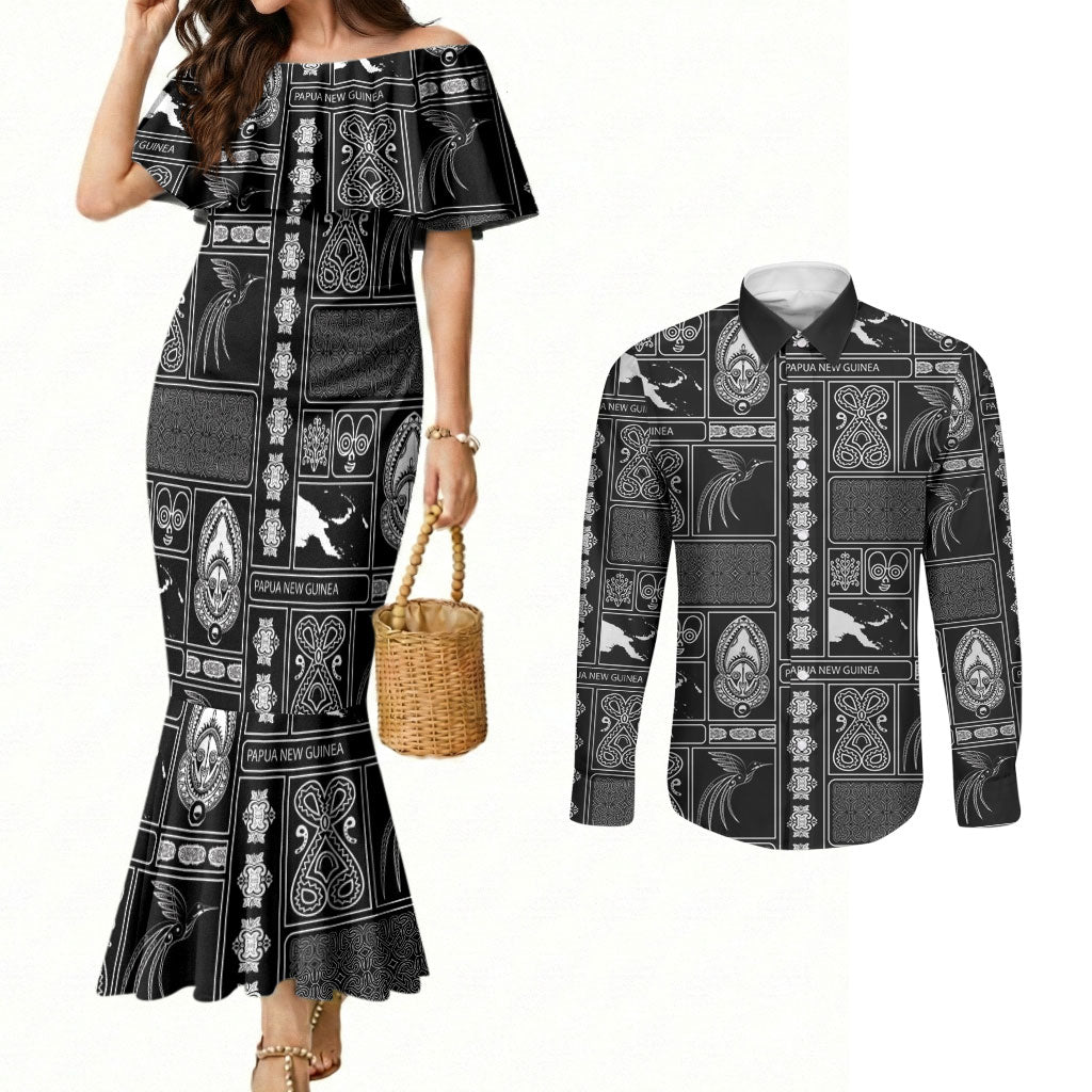 Papua New Guinea Heritage Motif Couples Matching Mermaid Dress and Long Sleeve Button Shirt Black Version LT05 Black - Polynesian Pride