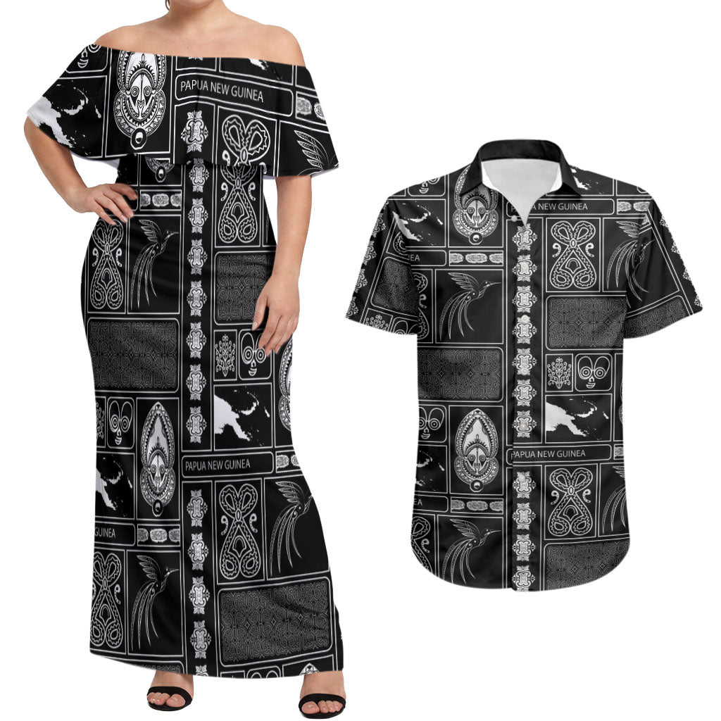 Papua New Guinea Heritage Motif Couples Matching Off Shoulder Maxi Dress and Hawaiian Shirt Black Version LT05 Black - Polynesian Pride