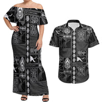 Papua New Guinea Heritage Motif Couples Matching Off Shoulder Maxi Dress and Hawaiian Shirt Black Version LT05 Black - Polynesian Pride