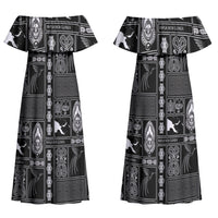 Papua New Guinea Heritage Motif Couples Matching Off Shoulder Maxi Dress and Hawaiian Shirt Black Version LT05 - Polynesian Pride