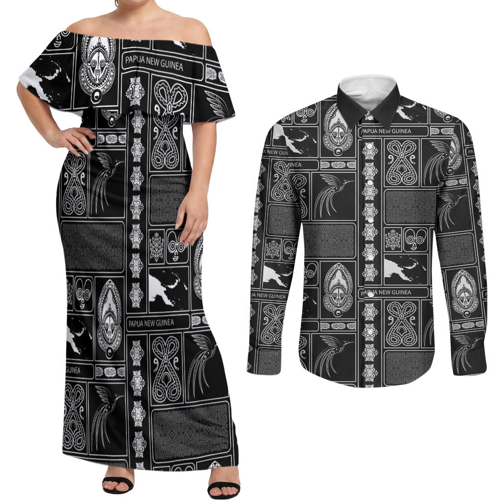 Papua New Guinea Heritage Motif Couples Matching Off Shoulder Maxi Dress and Long Sleeve Button Shirt Black Version LT05 Black - Polynesian Pride