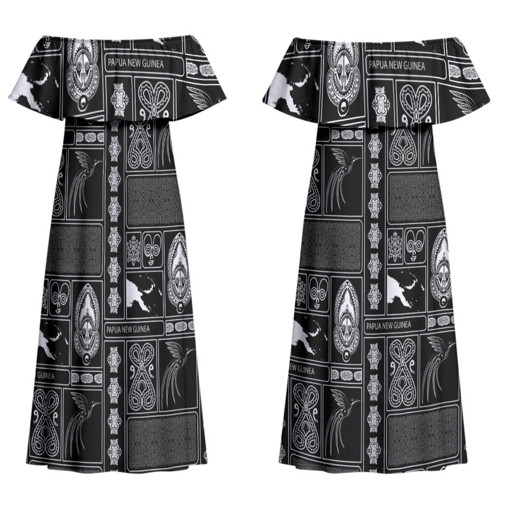 Papua New Guinea Heritage Motif Couples Matching Off Shoulder Maxi Dress and Long Sleeve Button Shirt Black Version LT05 - Polynesian Pride